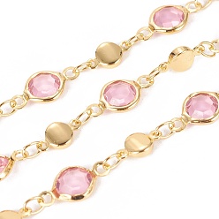 Pink Main chaînes de perles de verre, avec les accessoires en laiton, plaqué longue durée, soudé, avec bobine, rose, lien: 13x6.5x3mm et 8.5x4.5x1.5mm