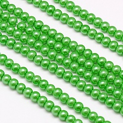 Lime Eco-Friendly Dyed Glass Pearl Round Bead Strands, Cotton Cord Threaded, Lime, 4~4.5mm, Hole: 0.7~1.1mm, about 104pcs/strand, 15 inch