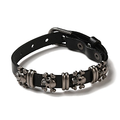 Black Alloy Skull Rivets Bracelet, Cowhide Cord Bracelet for Men Women, Black, 10-1/4 inch(26cm)