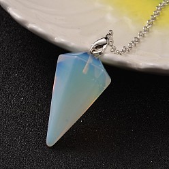 Opalite Platinum Tone Brass Opalite Cone Hexagonal Pointed Dowsing Pendulums, with Lobster Claw Clasps, 230x3mm