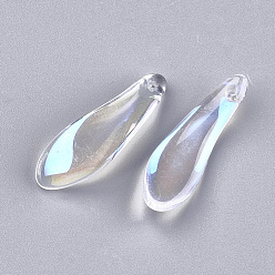 Clear AB Transparent Glass Pendants, AB Color Plated, Leaf, Clear AB, 26x8.5x3.5mm, Hole: 0.5mm