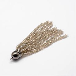 Tan Electroplate Faceted Glass Bead Tassel Big Pendants, with Brass Findings, Gunmetal, Tan, 71x9mm, Hole: 1.5mm