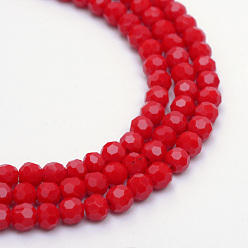 Red Opaque Solid Glass Bead Strands, Faceted(32 Facets) Round, Red, 3~4mm, Hole: 0.5mm, about 200pcs/strand, 22.8 inch