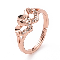 Rose Gold Clear Cubic Zirconia Interlocking Double Heart Adjustable Ring, Rack Plating Brass Jewelry for Women, Cadmium Free & Lead Free, Real Rose Gold Plated, US Size 6 1/2(16.9mm)