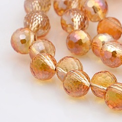 Orange Foncé Plaqué pleine arc-en-verre à facettes perles rondes brins, orange foncé, 8mm, Trou: 1mm, Environ 99 pcs/chapelet, 26 pouce