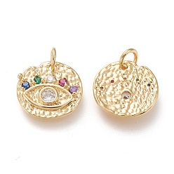 Real 18K Gold Plated Brass Micro Pave Clear Cubic Zirconia Charms, with Jump Rings, Long-Lasting Plated, Flat Round with Horse Eye, Colorful, Real 18K Gold Plated, 13x14x2mm, Hole: 3.4mm