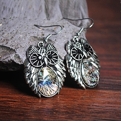 Owl Natural Paua Shell Animal Dangle Earrings, Antique Silver Alloy Jewelry for Women, Owl, 33x26mm