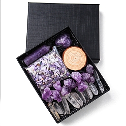 Amethyst Natural Quartz Crystal & Amethyst Bullet & Heart & Nugget & Chips Gift Box, Display Decorations, Pocket Worry Stone, Reiki Energy Stone Ornament, with Wood Slice, Package Size: 135x110x30mm