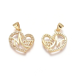 Golden Brass Micro Pave Clear Cubic Zirconia Pendants, Heart with Word MOM, For Mother's Day, Golden, 20x19x2.5mm, Hole: 3.5x4.5mm