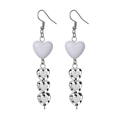 White Acrylic & Glass Heart with Enamel Dangle Earrings, 304 Stainless Steel Long Drop Earrings, White, 87x18.5mm