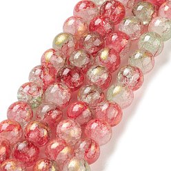 Roja Hornear pintado hebras de perlas de vidrio craquelado, con polvo de oro, rondo, rojo, 8 mm, agujero: 1.2 mm, sobre 103 unidades / cadena, 30.08~30.7'' (76.4~78 cm)