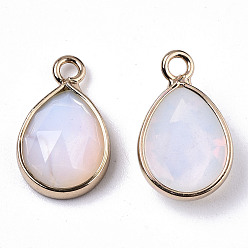 Opalite Opalite Charms, with Light Gold Plated Brass Edge and Loop, Teardrop, Faceted, 14x9x4.5mm, Hole: 1.5mm