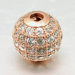 Rose Gold Round Brass Micro Pave Cubic Zirconia Beads, Clear, Rose Gold, 4mm, Hole: 1mm