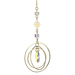 Golden Glass Teardrop Big Pendant Decorations, with Ring & Sun Brass Link, for Home Decorations, Golden, 250mm, Hole: 8mm