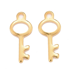 Real 24K Gold Plated 201 Stainless Steel Pendants, Key, Real 24k Gold Plated, 15x6.5x0.8mm, Hole: 1.4mm