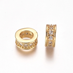 Golden Brass Micro Pave Clear Cubic Zirconia European Beads, Large Hole Beads, Rondelle, Golden, 8x3.5mm, Hole: 4.5mm
