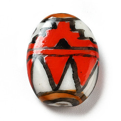 Red Handmade Printed Porcelain Beads, Oval with Triangle Pattern, Red, 18x14.5x5mm, Hole: 1.6mm