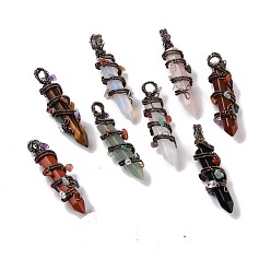 Mixed Stone Natural & Synthetic Gemstone Pointed Big Pendants, with Red Copper Plated Rack Plating Brass Findings and Mixed Stone Chip Beads, Cadmium Free & Lead Free, Faceted, Bullet Charm, Mixed Dyed and Undyed, 64~68x16~17x16~17mm, Hole: 7.5mm