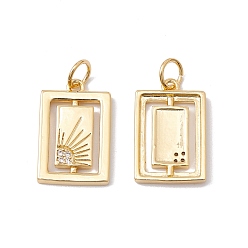 Real 18K Gold Plated Rack Plating Brass Micro Pave Clear Cubic Zirconia Pendants, with Jump Ring, Cadmium Free & Nickel Free & Lead Free, Rectangle with Sun, Real 18K Gold Plated, 17x11x2mm, Jump Ring: 5x0.7mm, Inner Diameter: 3.4mm