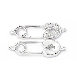 Platinum Eco-Friendly Rack Plating Brass Micro Pave Clear Cubic Zirconia Connector Charms, Safety Pins Links, Long-Lasting Plated, Lead Free & Cadmium Free, Platinum, 25.5x8x3mm, Hole: 1.2mm
