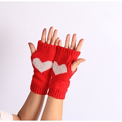 Red Polyacrylonitrile Fiber Yarn Knitting Fingerless Gloves, Two Tone Winter Warm Gloves with Thumb Hole, Heart Pattern, Red, 190x70mm