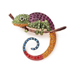 Medium Violet Red Alloy Enamel Brooches, with Rhinestone, Chameleon, Light Gold, Colorful, 58x71x13mm, Hole: 6.8x6mm, Pin: 0.7mm