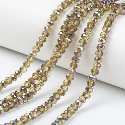 Light Khaki Electroplate Transparent Glass Beads Strands, Half Rose Gold Plated, Faceted, Rondelle, Light Khaki, 4x3mm, Hole: 0.4mm, about 123~127pcs/strand, 16.5~16.9 inch(42~43cm)