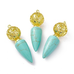 Synthetic Turquoise Synthetic Turquoise Big Pendants, Cone Charms with Rack Plating Brass Hollow Ball, Golden, Cadmium Free & Lead Free, 57~58x17.5~18mm, Hole: 8x5mm