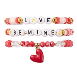 Red 3Pcs 3 Style Polymer Clay Heishi Surfer Stretch Bracelets Set, Word & Heart Brass Charms Stackable Bracelets for Valentine's Day, Red, Inner Diameter: 2-1/8 inch(5.5cm), 1Pc/style