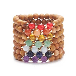 Mixed Stone 7Pcs 7 Style Natural Wood & Mixed Gemstone Round Beaded Stretch Bracelets Set, Chakra Yoga Jewelry for Women, Inner Diameter: 2 inch(5.2cm), 1Pc/style