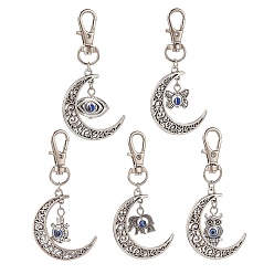 Antique Silver Tibetan Style Alloy Crescent Moon with Animal Pendant Decorations with Resin Evi Eye, Lobster Clasp Charms, Butterfly/Elephant/Owl, Antique Silver, 7.1cm