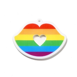 Lip Pride Style Printed Acrylic Rainbow Pendants, Lip Pattern, 31x40x2mm, Hole: 1.5mm
