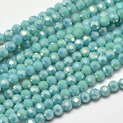 Turquoise Faceted Round Full Rainbow Plated Electroplate Glass Beads Strands, Turquoise, 4mm, Hole: 1mm, about 90~95pcs/strand, 12.8~13.6 inch(32~34cm)