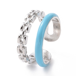 Светло-Голубой Эмалевое открытое кольцо-манжета с двойной строчкой, украшения из латуни с платиновым покрытием для женщин, Небесно-голубой, размер США 6 (16.5 мм)