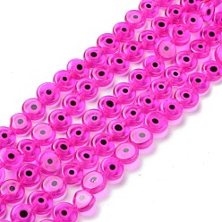 Magenta Handmade Evil Eye Lampwork Flat Round Bead Strands, Magenta, 10x4mm, Hole: 1mm, about 38pcs/strand, 14.96 inch