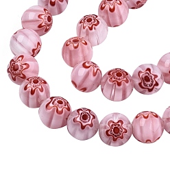 Flamingo Handmade Millefiori Glass Beads Strands, Round with Flower Pattern, Flamingo, 10mm, Hole: 1.2mm, about 36~38pcs/strand, 13.78 inch~14.88 inch(35cm~37.8cm)