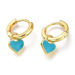 Deep Sky Blue Brass Enamel Huggie Hoop Earrings, Long-Lasting Plated, Lead Free & Cadmium Free, Heart, Real 18K Gold Plated, Deep Sky Blue, 19mm, Pin: 1mm