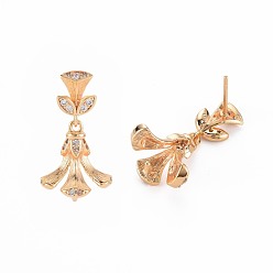 Real 18K Gold Plated Brass Micro Pave Clear Cubic Zirconia Stud Earring Findings, for Half Drilled Beads, Nickel Free, Tassel Shape, Real 18K Gold Plated, 21x12mm, Pin: 0.6mm, pin: 0.9mm(for half drilled beads)
