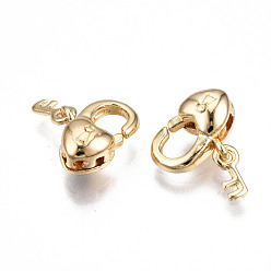 Real 18K Gold Plated Brass Lobster Claw Clasps, Nickel Free, Heart with Key, Real 18K Gold Plated, 10.5x8x4.5mm, Hole: 1mm