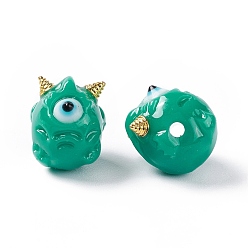Light Sea Green Halloween Opaque Resin Beads, with Golden Tone Alloy Horns, Single-Eye Monster, Light Sea Green, 13x10.5x12mm, Hole: 1.8mm