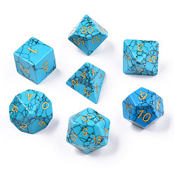 Turquoise Ensemble de dés polyédriques turquoise synthétique enlacés de métal, jeu rpg dés de pierre de cristal, 16.5~27x16.5~27x16.5~27mm, 7 pièces / kit