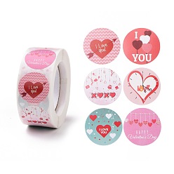 Mixed Patterns Valentine's Day Round Paper Stickers, Adhesive Labels Roll Stickers, Gift Tag, for Envelopes, Party, Presents Decoration, Mixed Patterns, 25x0.1mm, 500pcs/roll