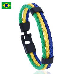 Lime Green Flag Color Imitation Leather Triple Line Cord Bracelet with Alloy Clasp, Brazil Theme Jewelry for Men Women, Lime Green, 8-1/4 inch(21cm)