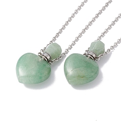 Green Aventurine Openable Heart Natural Green Aventurine Perfume Bottle Pendant Necklaces for Women, 304 Stainless Steel Cable Chain Necklaces, Stainless Steel Color, 18.62 inch(47.3cm)