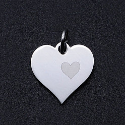 Couleur Acier Inoxydable Valentine's day 201 breloques en acier inoxydable, avec des anneaux de saut, cœur, couleur inox, 13x13x1mm, Trou: 3mm