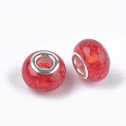 Rouge Perles crépitantes en résine européenne, Perles avec un grand trou   , avec noyaux en laiton plaqué couleur argent, rondelle, rouge, 13.5~14x8.5~9mm, Trou: 5mm
