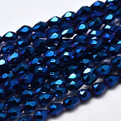 Plaqué Bleu Brins de perles de verre galvanisées plaquées pleines de larme à facettes, bleu plaqué, 5x3mm, Trou: 1mm, Environ 100 pcs/chapelet, 17.7 pouces ~ 19.6 pouces