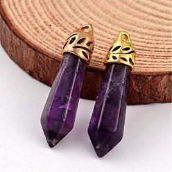 Amethyst Bullet Natural Amethyst Pendants, with Golden Tone Alloy Findings, 34~36x8~9mm, Hole: 3x2mm