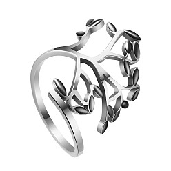 Black SHEGRACE Stainless Steel Cuff Rings, Open Rings, Wide Band Rings, with Enamel, Leafy Branches, Black, US Size 10, Inner Diameter: 20mm