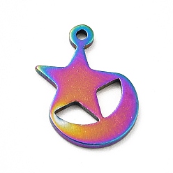 Rainbow Color Ion Plating(IP) 201 Stainless Steel Pendants, Moon with Star, Rainbow Color, 13x10.5x1mm, Hole: 1mm